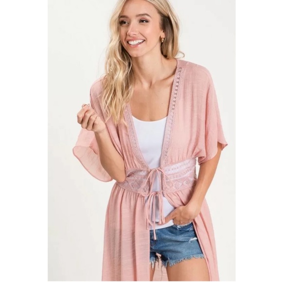 CLEARANCE Blush Boho Crochet Short Sleeve Kimono Duster - Picture 5 of 6